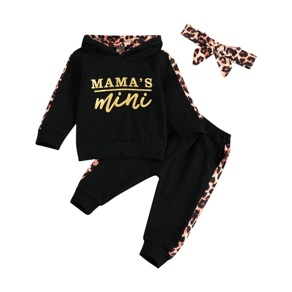Black and Leopard Print Baby Hoodie and Pants Outfit Set